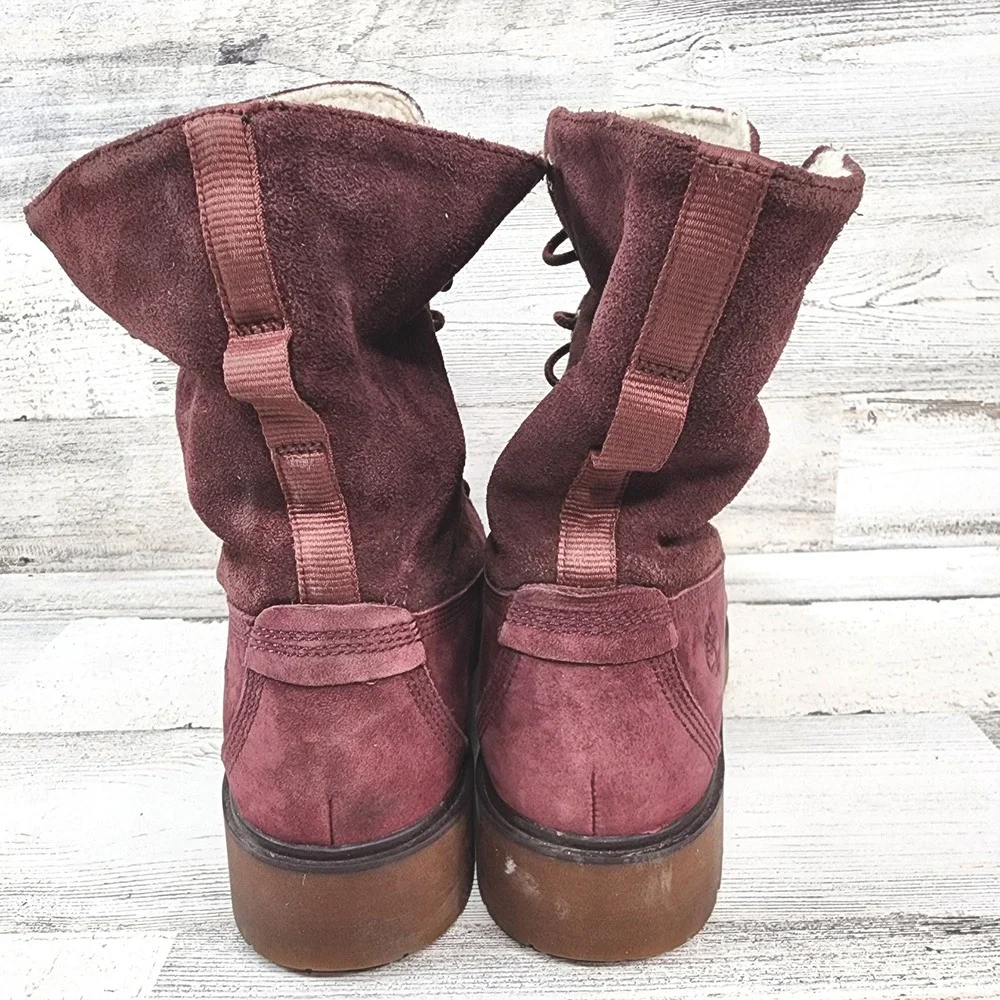 Timberland Boots Womens 10 Burgundy Suede Shearling Lined Lace Up Mid Calf